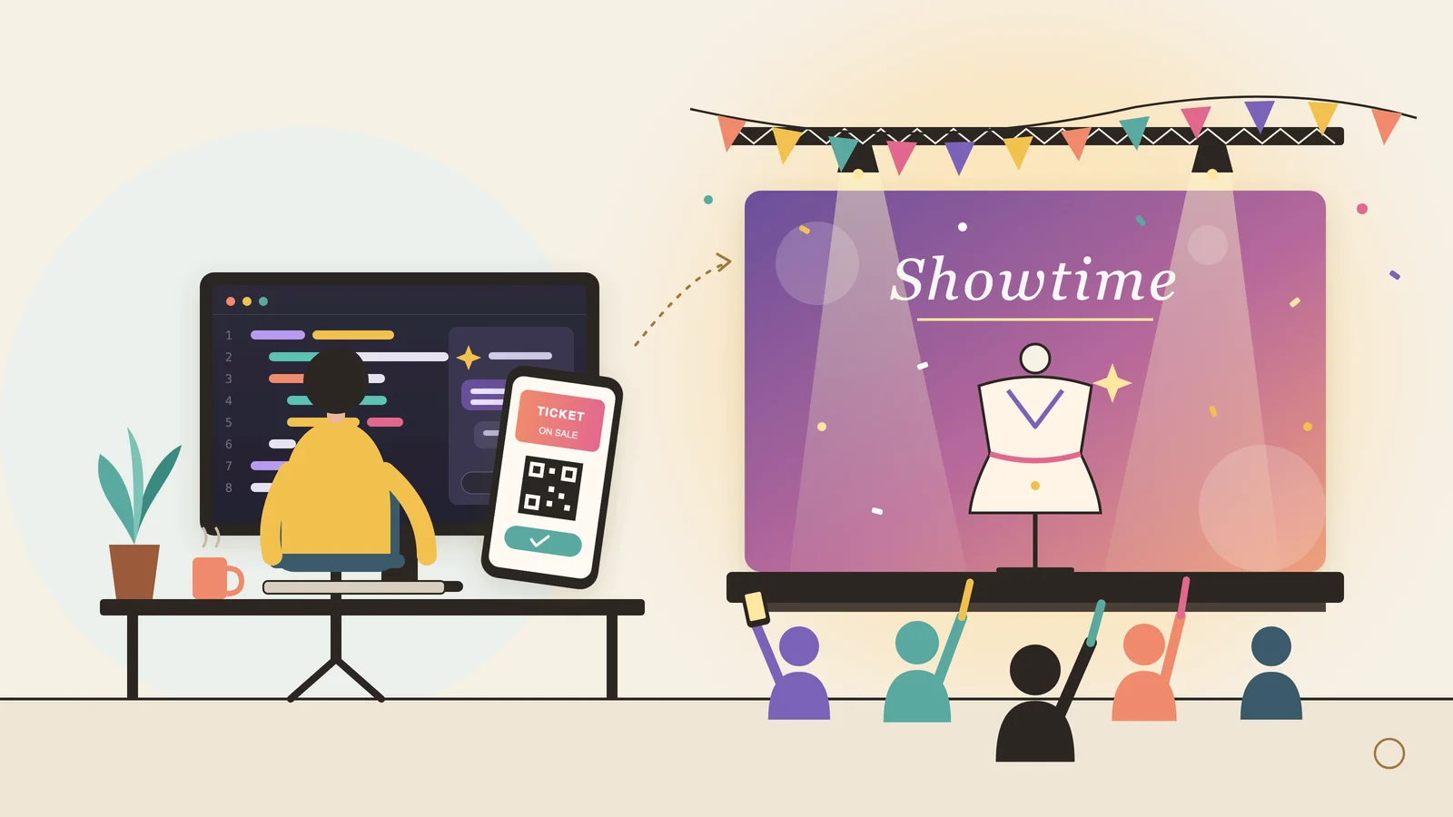 コードとAIアシスタントが映るモニターに向かうエンジニアと、チケット画面のスマートフォン。その先に、スポットライトと色とりどりのフラッグで彩られたステージと、手を挙げて盛り上がる観客