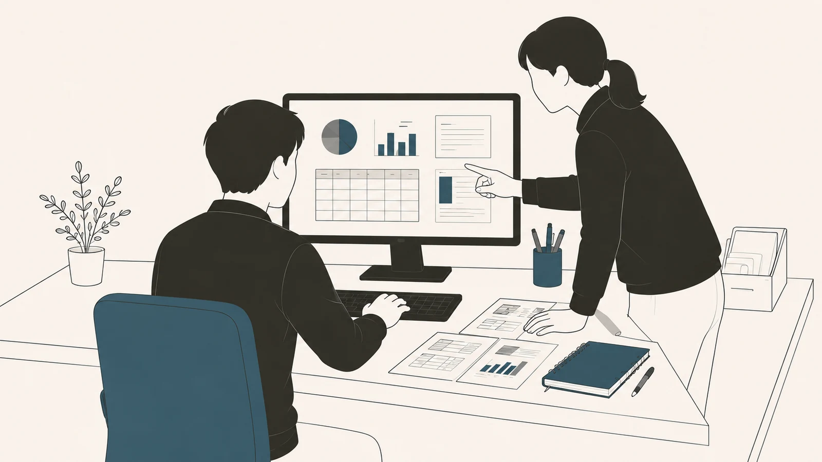 2人で1つの画面を見ながらデータを確認するスタッフ